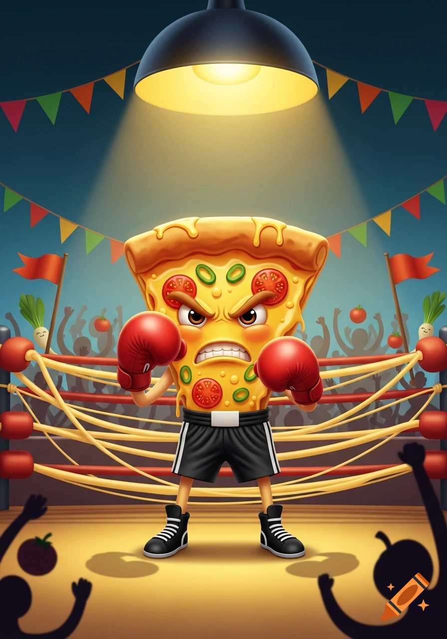 Angry cartoon pizza slice wearing red boxing gloves and black shorts stands in a boxing ring under a spotlight, with a cheering audience in the background.