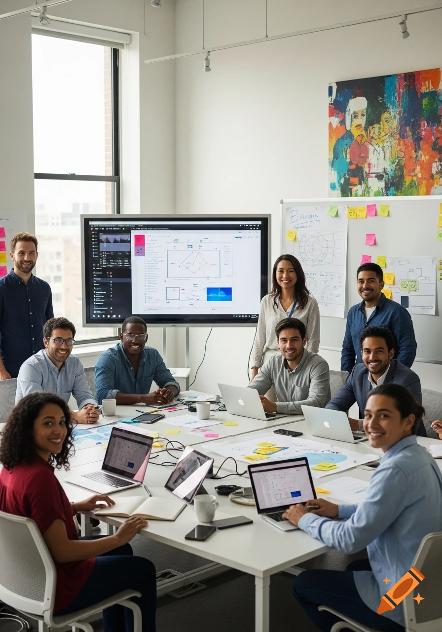 Diverse group of happy professionals gather around a table with laptops in a bright, modern office, a large screen displaying charts behind them.