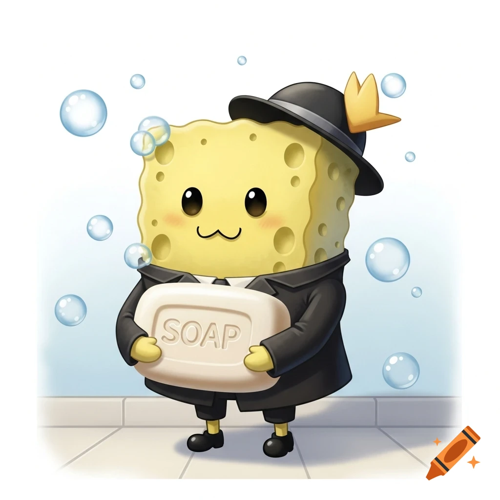 A cute, anthropomorphic yellow sponge character wearing a black suit and fedora holds a bar of soap with 'SOAP' written on it, surrounded by bubbles.