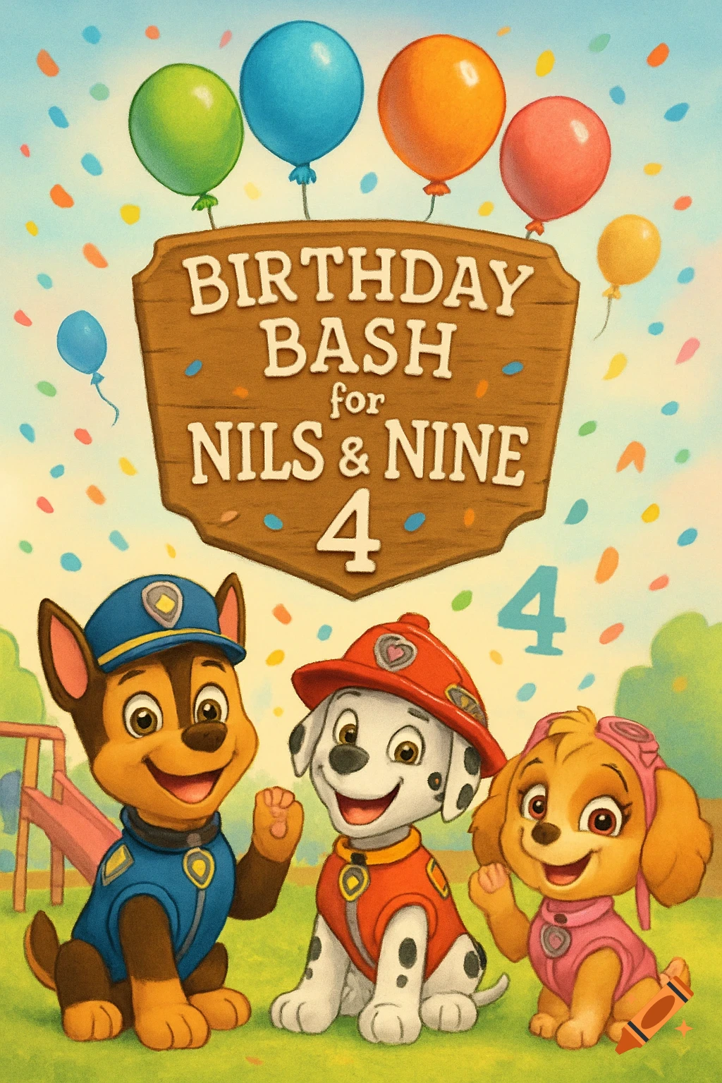 Illustration of three Paw Patrol puppies, Chase, Marshall, and Skye, celebrating a birthday under a sign reading "BIRTHDAY BASH for NILS & NINE 4" with colorful balloons and confetti.