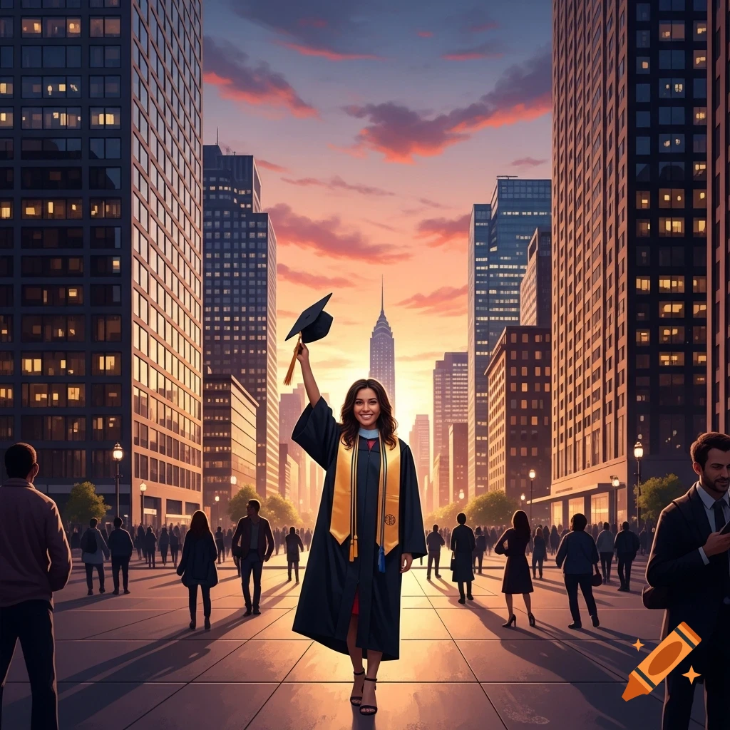 A smiling college graduate in a cap and gown holds up her cap in a bustling city street at sunset.