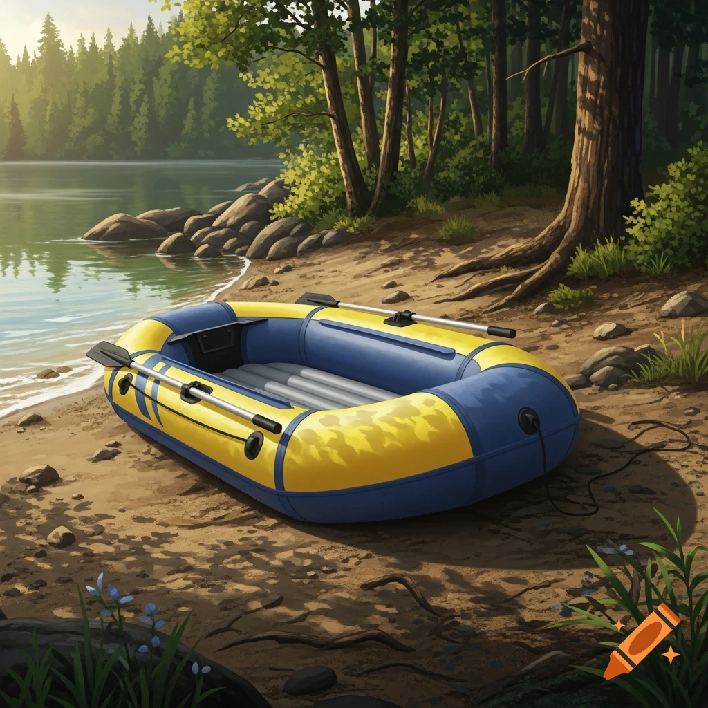 A blue and yellow inflatable boat rests on a sandy lake shore, surrounded by a lush forest, in an illustrated style.