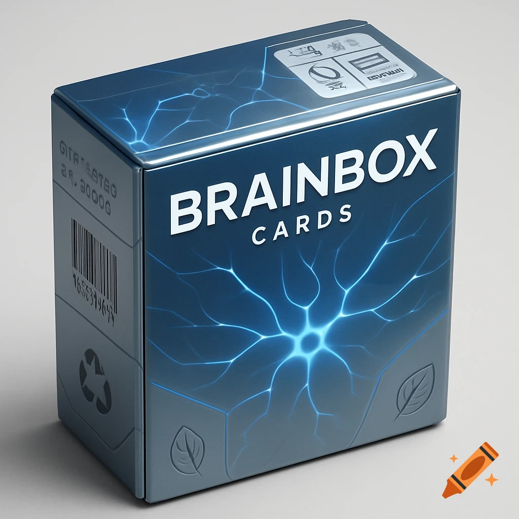 A sleek, metallic blue product box for "BrainBox Cards" with glowing blue neural patterns. The side shows a barcode and recycling symbol, while the top has various symbols.