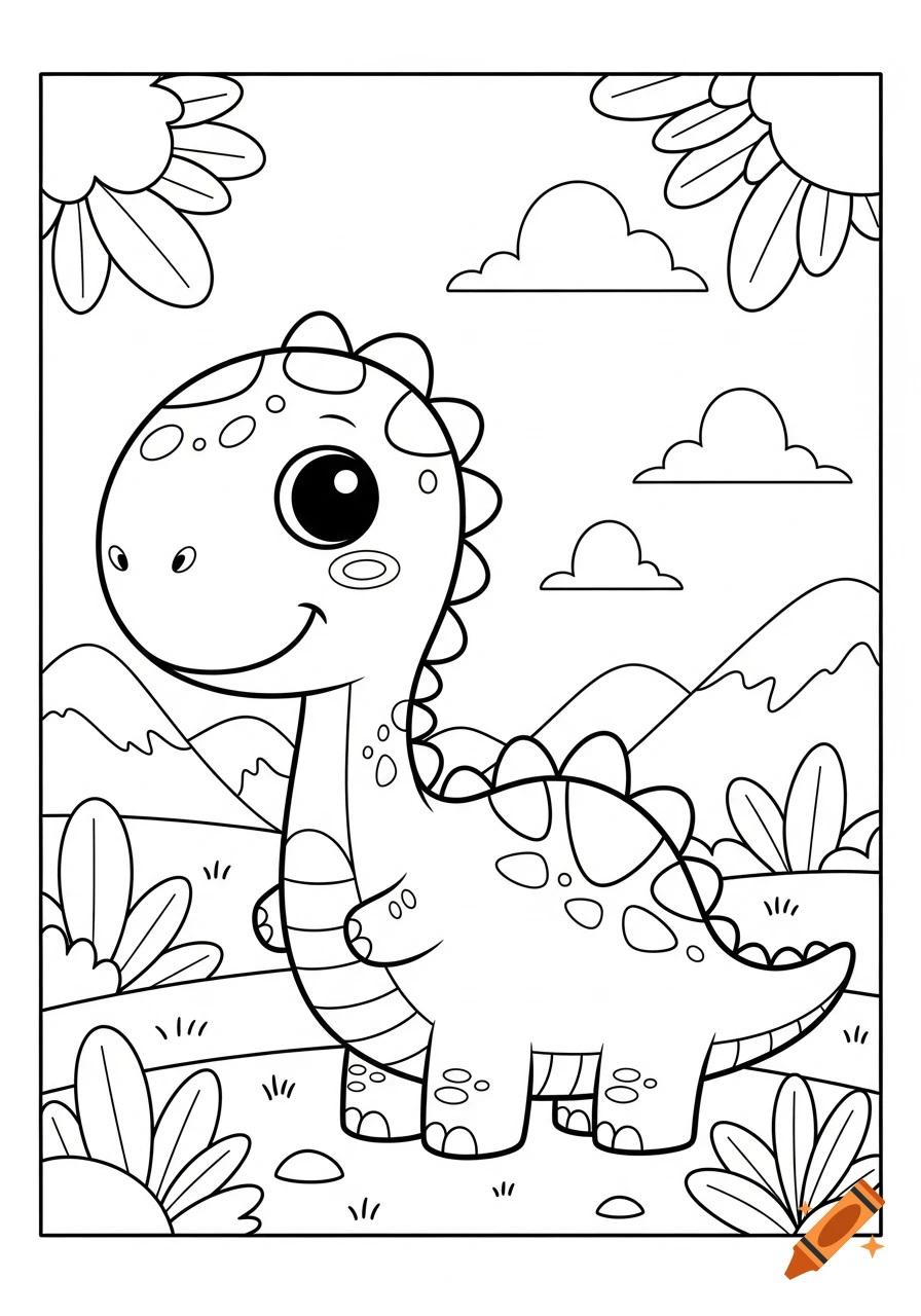 Cute cartoon dinosaur coloring page, standing in a landscape with mountains, clouds, and bushes.