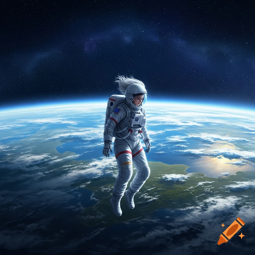 A female astronaut with flowing white hair floats above Earth, with a detailed view of continents and oceans, against a starry deep space background.