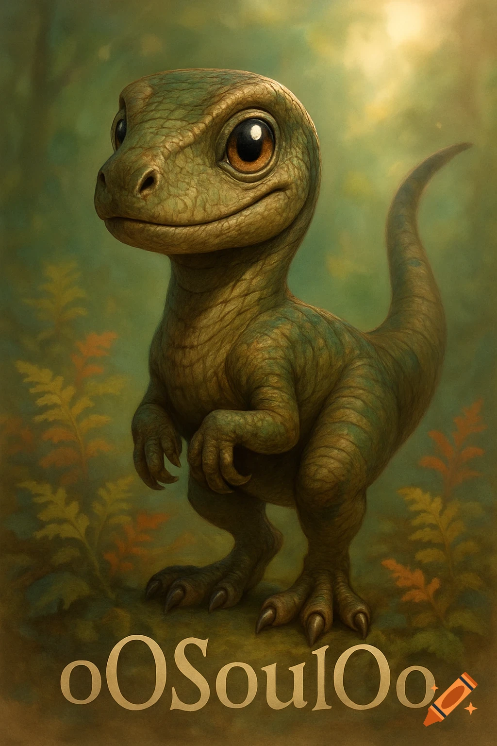 A cute, stylized baby raptor stands in a painterly green forest with sunlight, with the name 'oOSoulOo' below it.