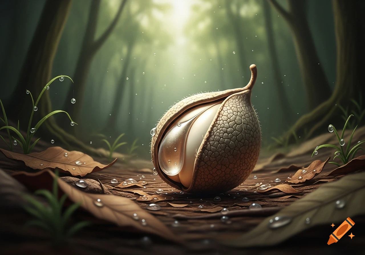 A photorealistic close-up of a textured, split seed with a glowing liquid interior, covered in water drops, on a forest floor.