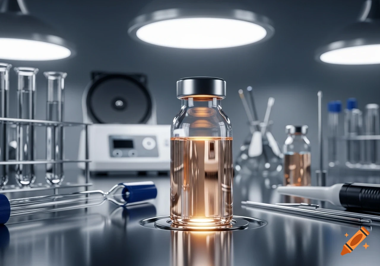 Photorealistic close-up of a glowing amber liquid in a glass vial on a metallic lab bench with blurred scientific equipment.