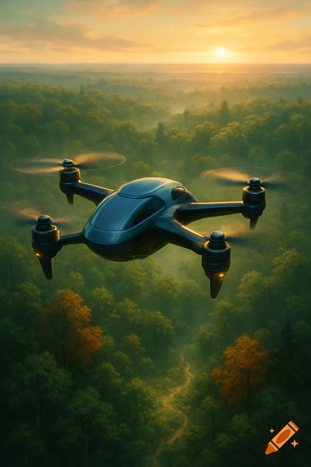 A sleek, dark drone flies over a vast, misty green forest with a winding path below, illuminated by a golden sunset.