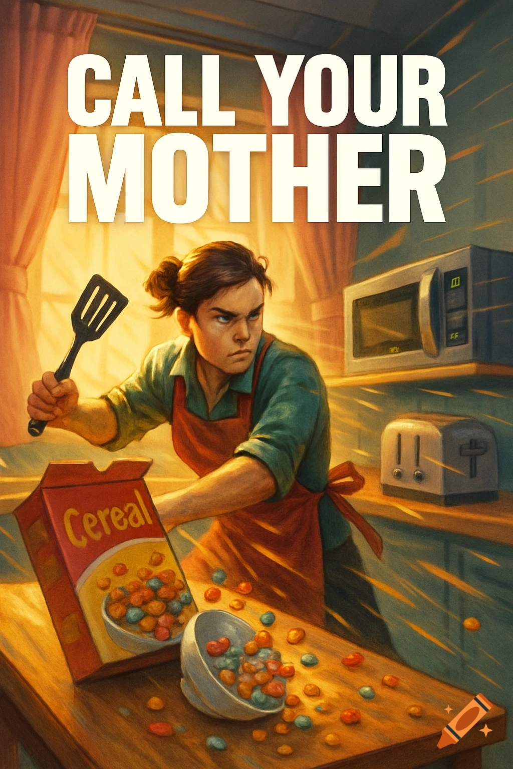Illustration of an angry person in an apron holding a spatula in a kitchen with spilled cereal. Text reads 'CALL YOUR MOTHER'.
