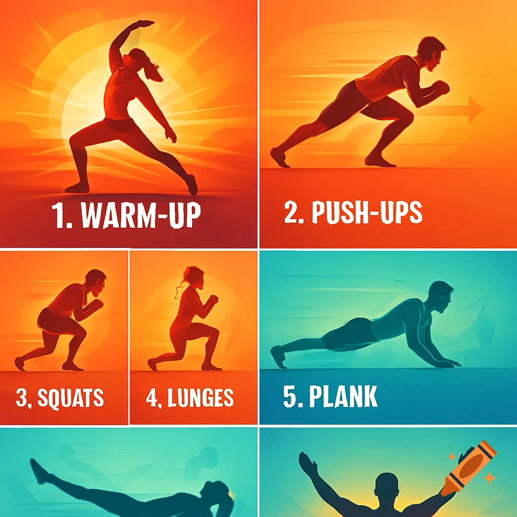 A multi-panel graphic illustrating workout steps: warm-up, push-ups, squats, lunges, and plank, with silhouettes on an orange and blue background.
