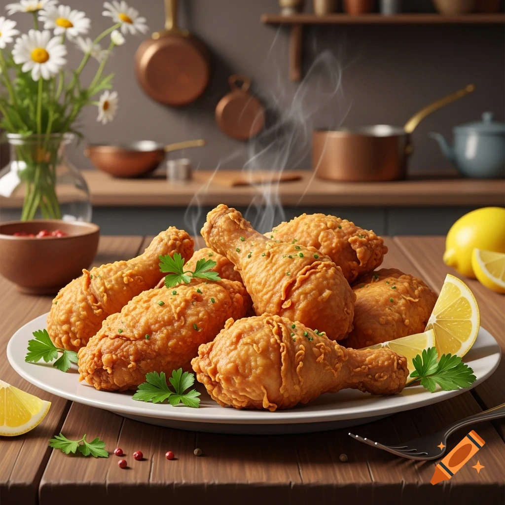 A plate of steaming, crispy fried chicken drumsticks and thighs with parsley and lemon wedges on a wooden kitchen table.