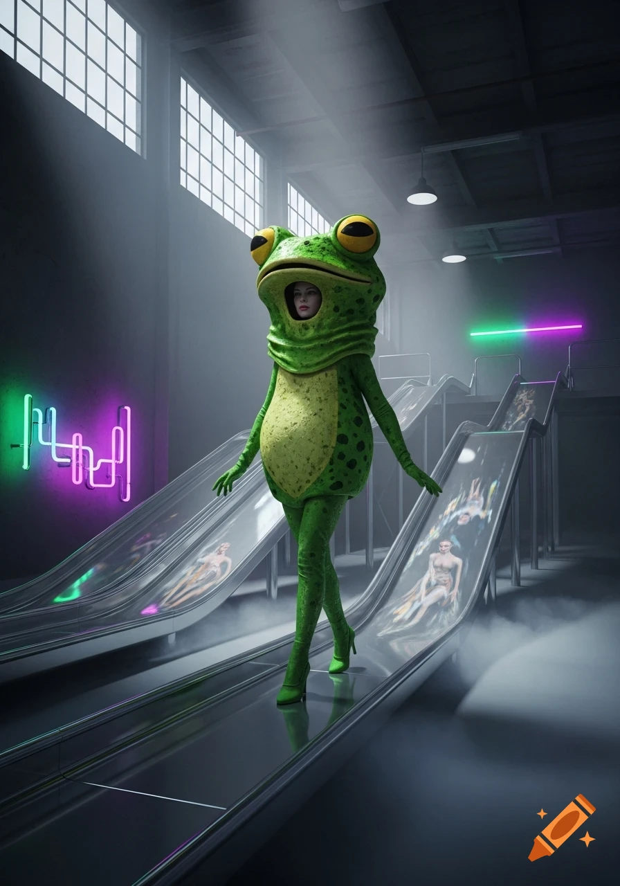 A person in a large green frog costume with yellow eyes walks on a metallic slide in a dimly lit, foggy liminal room with neon lights.