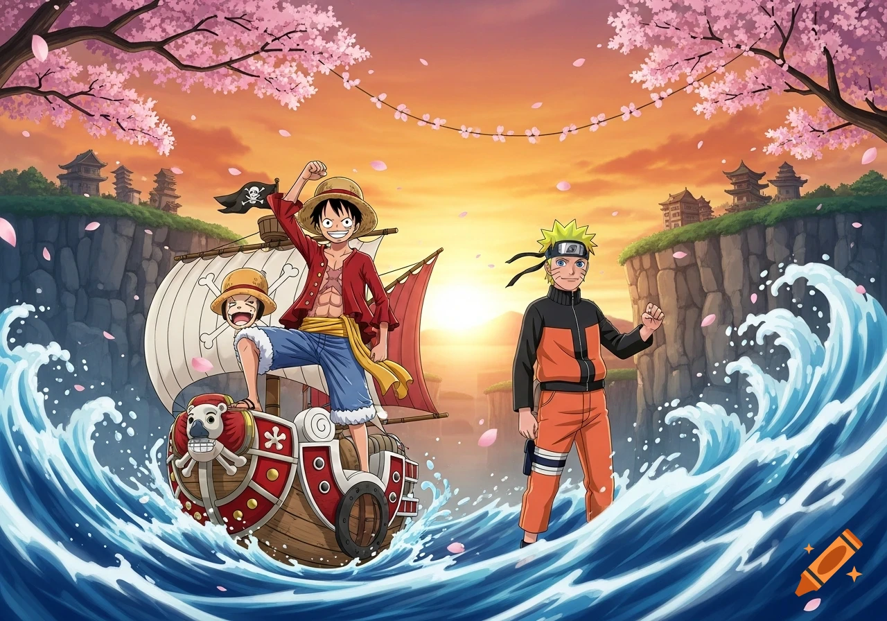 Luffy on his pirate ship and Naruto in rough seas under cherry blossoms at sunset in an anime style.