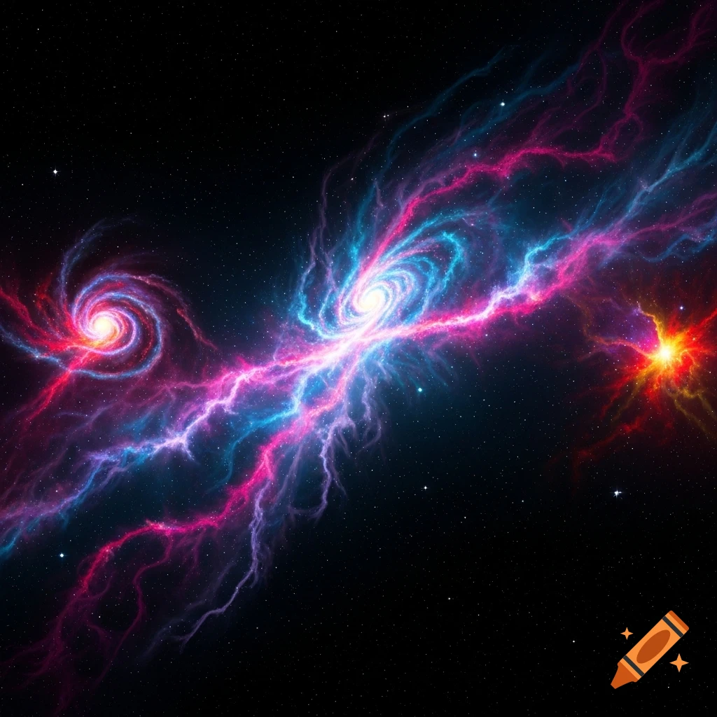 Vibrant cosmic nebula with swirling pink, blue, and red gases and bright stars in deep space.