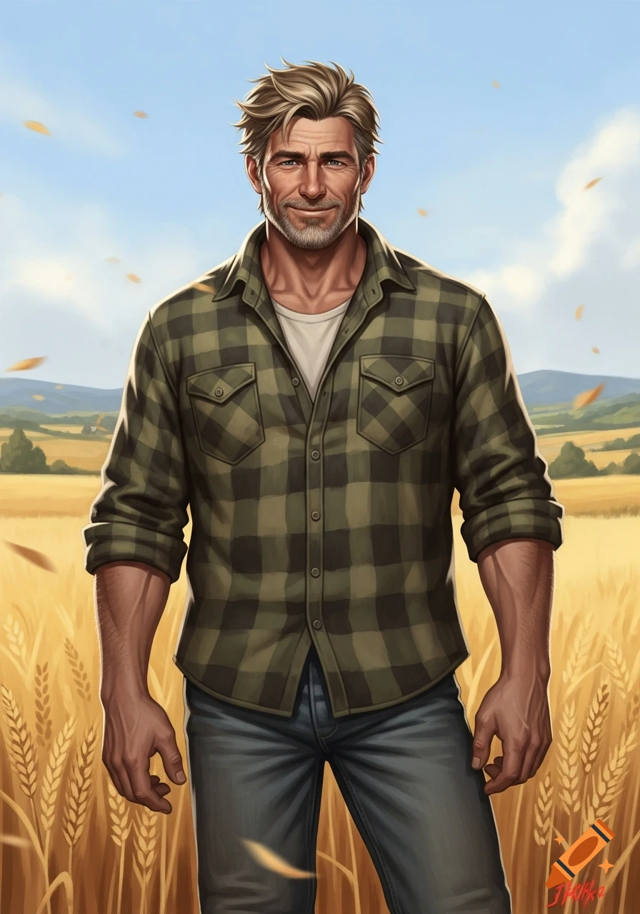 An illustration of a middle-aged man with blond and gray hair, wearing a flannel shirt and jeans, standing in a wheat field under a blue sky.