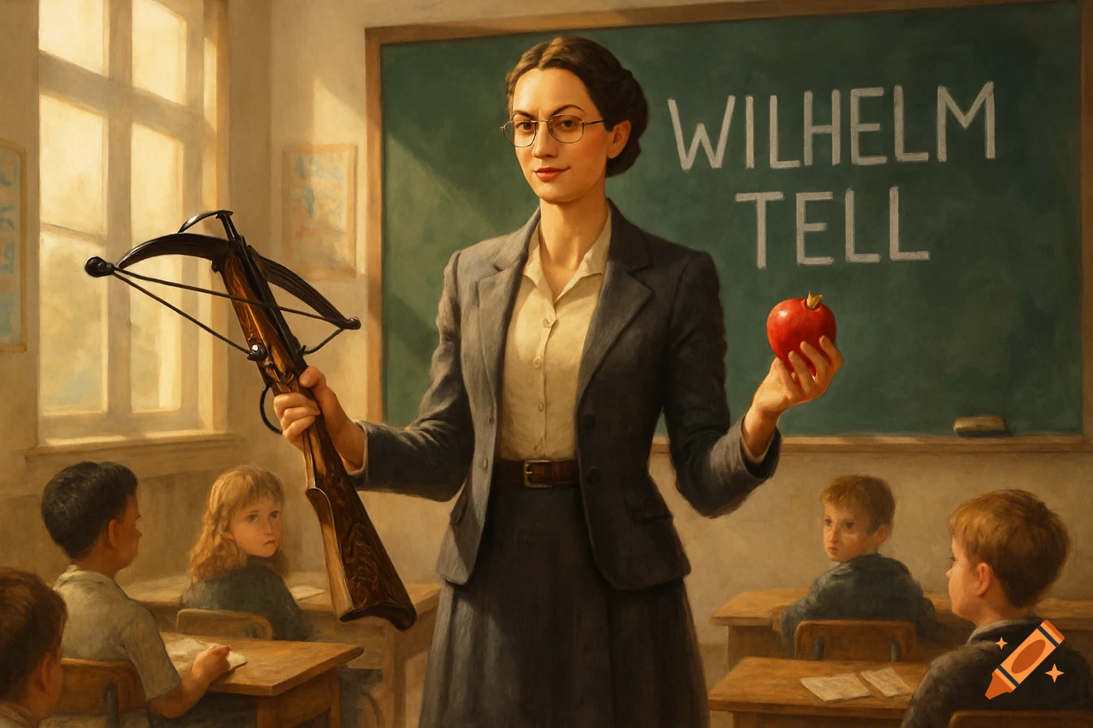 A female teacher in a classroom holds a crossbow and an apple, with "WILHELM TELL" written on the blackboard, while children sit at desks.