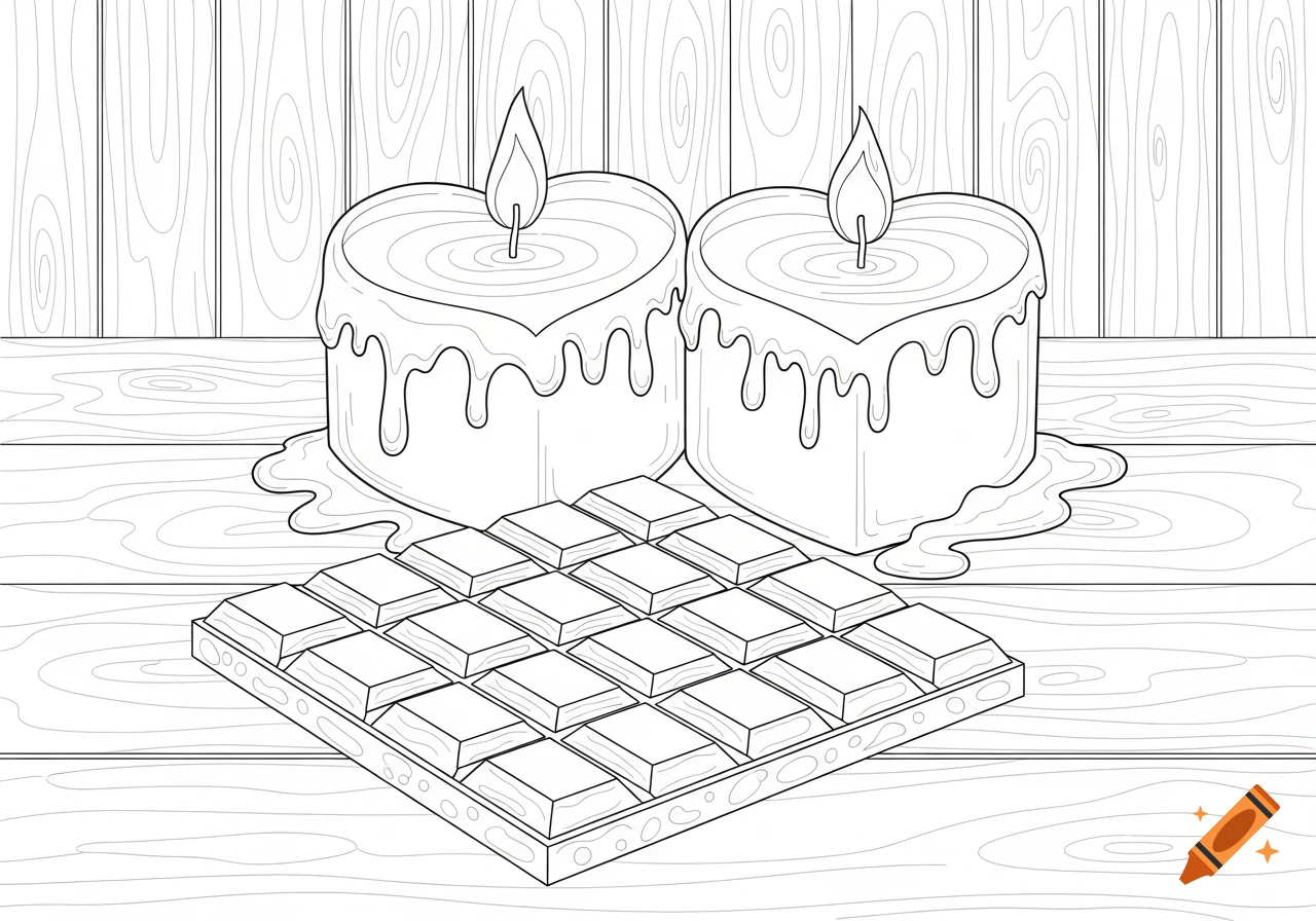 Line art coloring page of two heart-shaped candles and a chocolate bar on a wooden surface.
