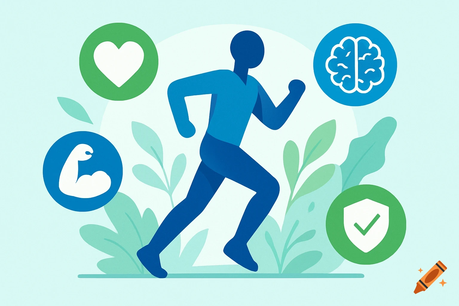 Stylized illustration of a blue figure running, surrounded by health icons for heart, brain, muscle, and wellbeing.