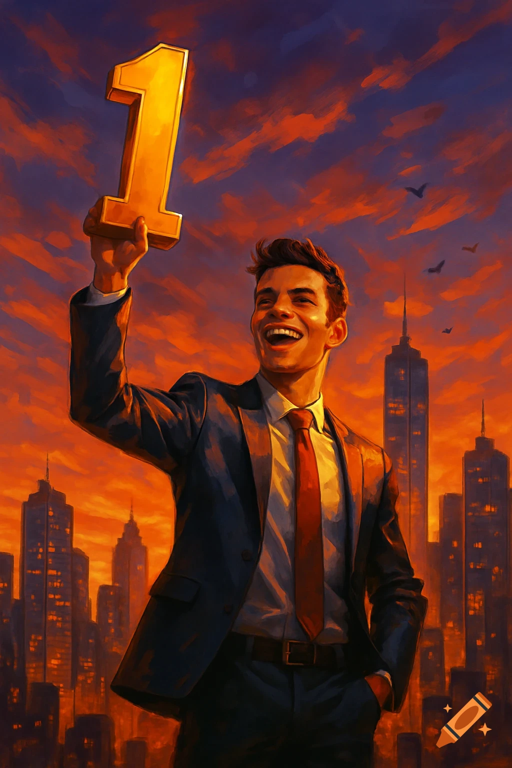 A happy man in a suit holds up a large golden number one against a dramatic sunset city skyline, in an illustrated style.