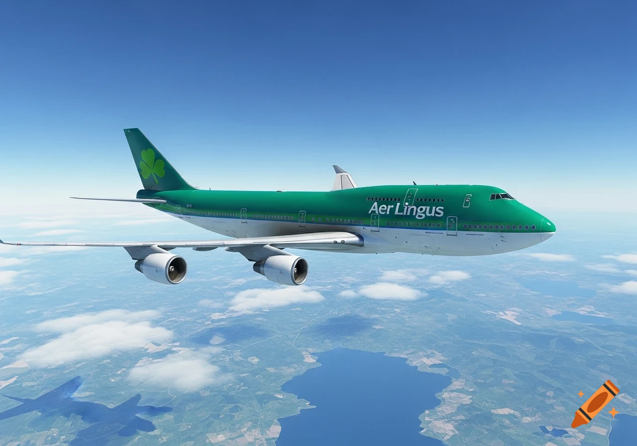 A green and white Aer Lingus Boeing 747 airplane flies high in a clear blue sky over a landscape with lakes and clouds, rendered in a photorealistic style.