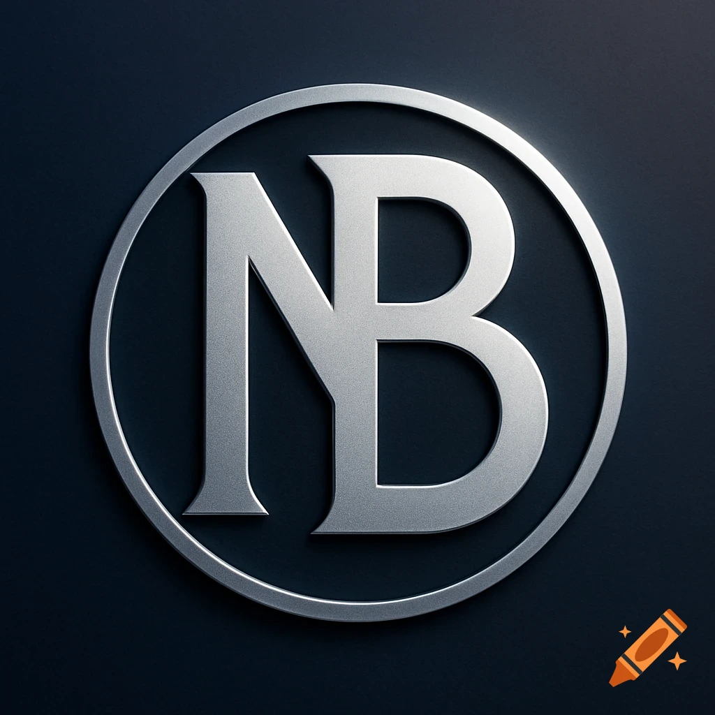 A metallic silver 3D monogram logo featuring the capital letters "N" and "B" contained within a circle on a dark gray background.