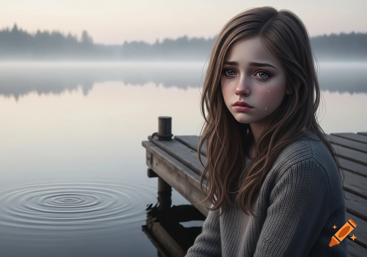 A sad girl with long brown hair sits crying on a wooden dock overlooking a foggy lake at dawn.