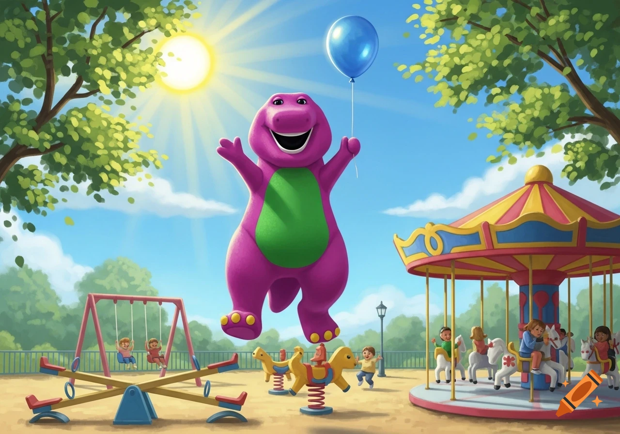 Barney the purple dinosaur floats happily in a sunny playground, holding a blue balloon, as children play on swings and a carousel.