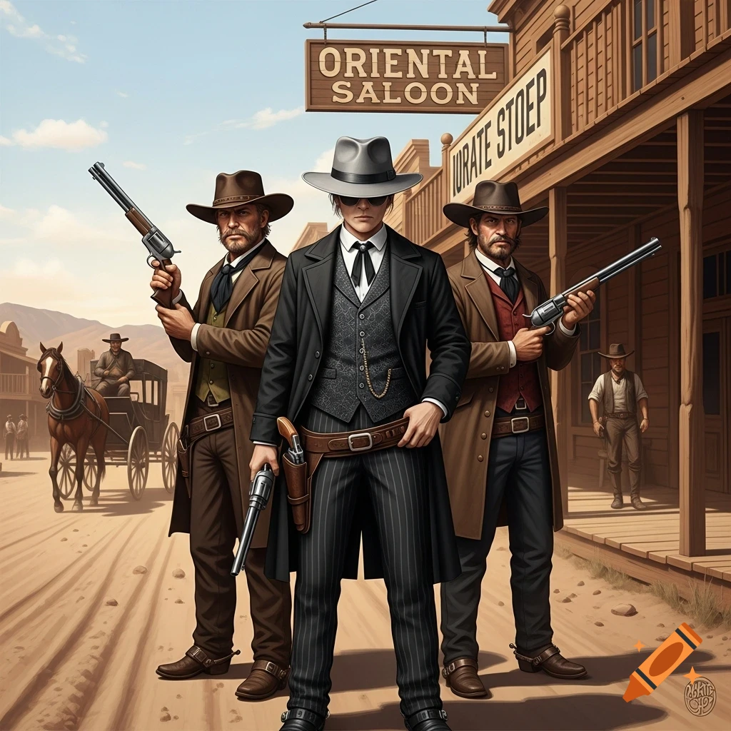 Three men dressed as cowboys, one in a black suit and hat, and two in brown, stand in a dusty western town holding guns in front of the Oriental Saloon.