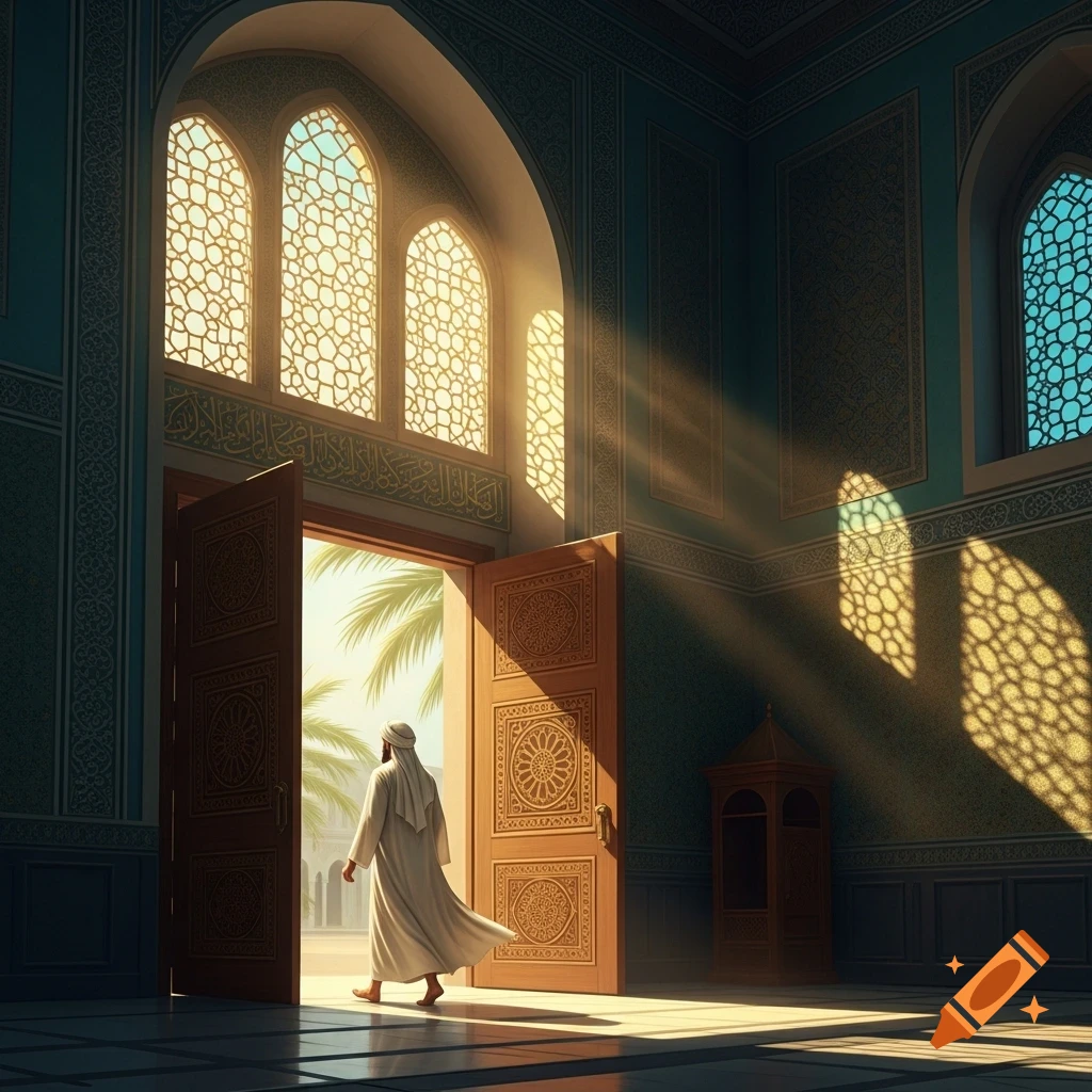 A man in traditional attire walks through an ornate wooden door into sunlight, revealing palm trees outside a grand mosque interior with intricate patterns.