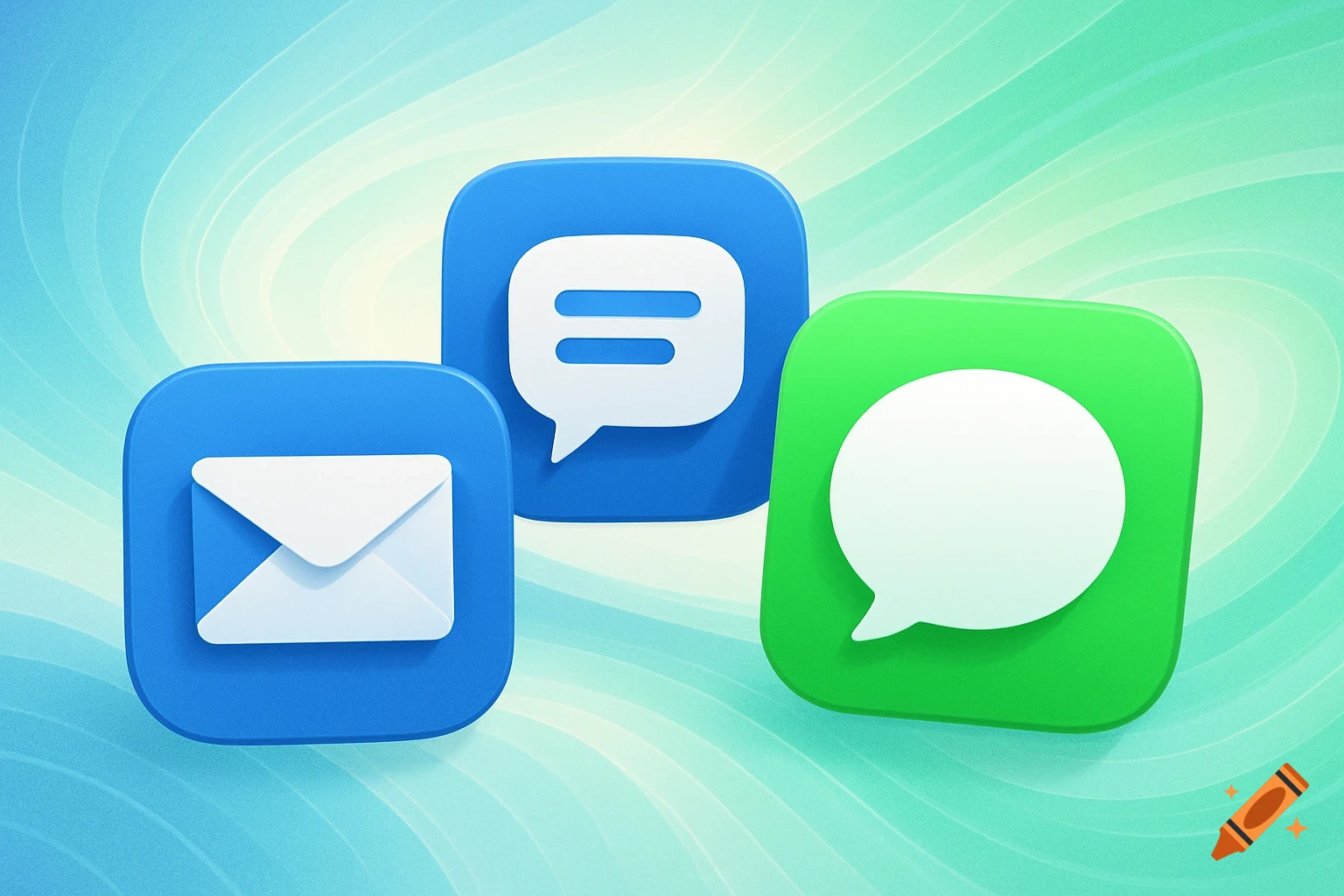 Three 3D app icons, including an envelope and two speech bubbles, on a wavy green and blue background.