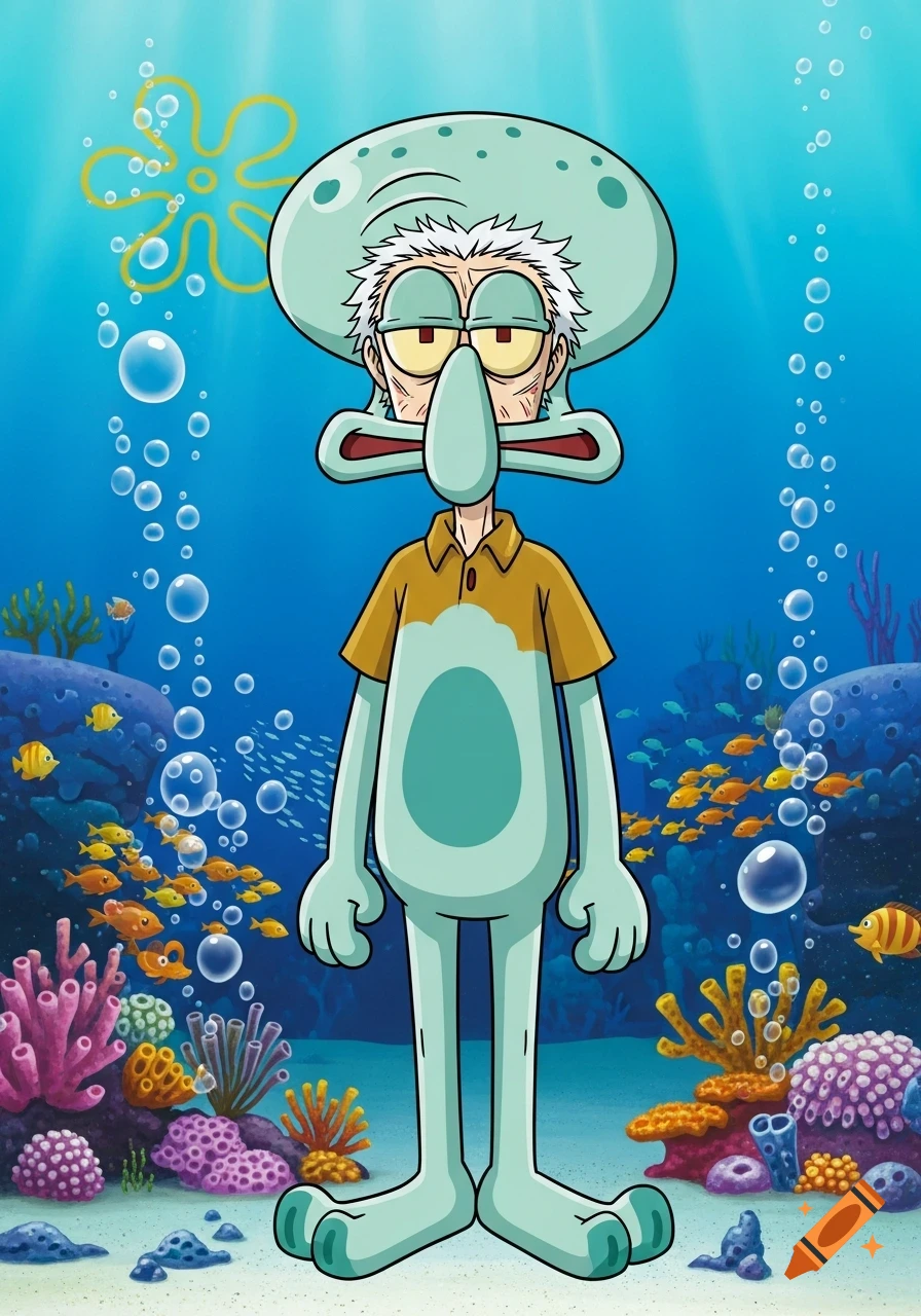 Tomura Shigaraki in a Squidward costume stands underwater with coral and fish in a colorful cartoon style.