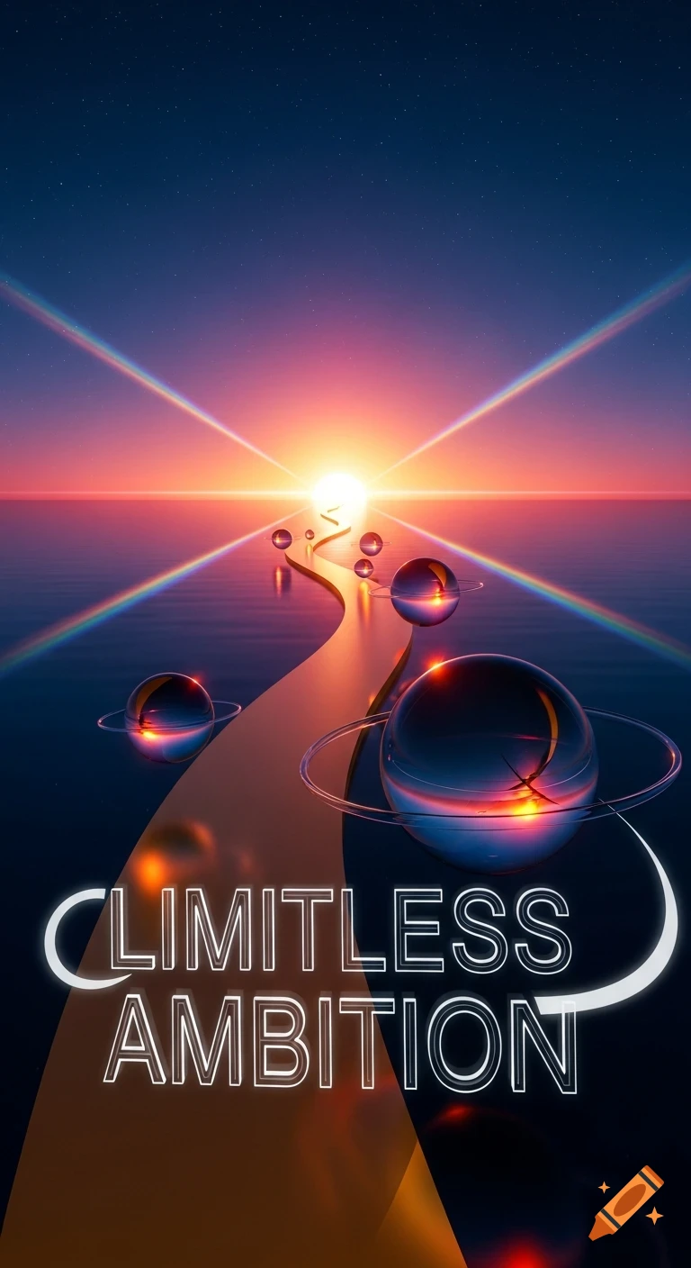 A vibrant 3D render of a golden path leading to a bright sunrise over water, with reflective planets and text 'LIMITLESS AMBITION'.
