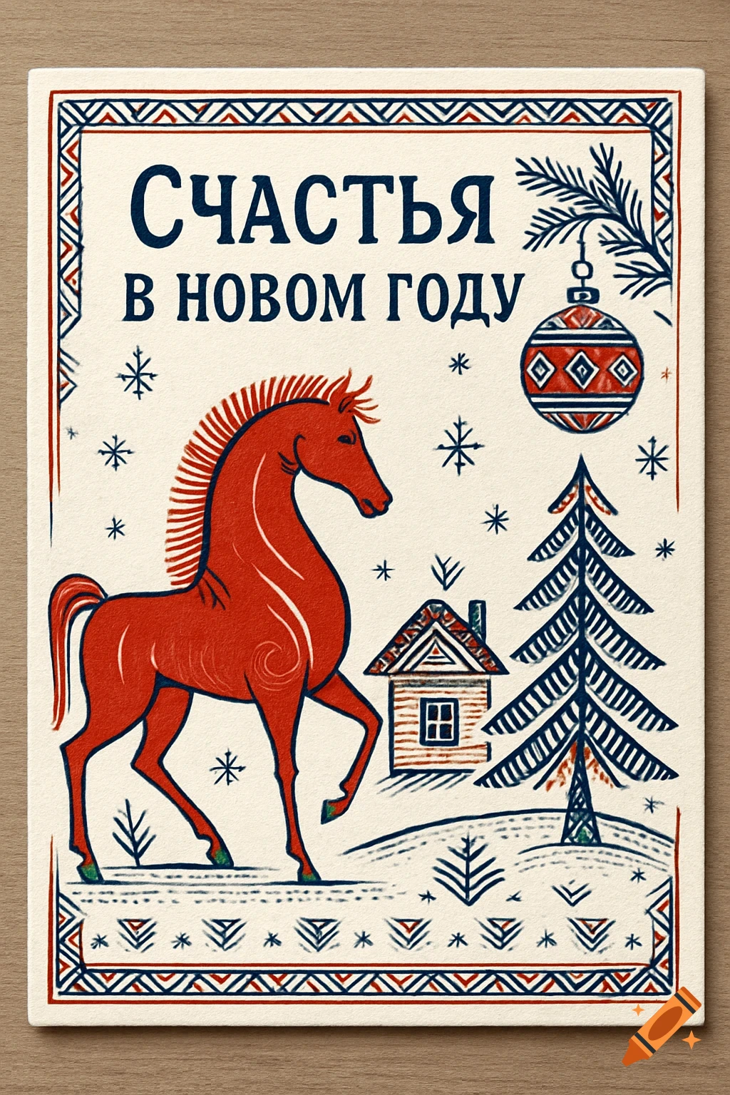 Mezen folk art style New Year card with a red horse, house, Christmas tree, and ornament. Text: 'Happiness in the New Year' in Russian.