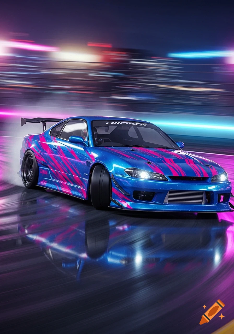 A vibrant blue Nissan Silvia S15 drift car with pink fuchsia graphics, smoking tires on a wet track with neon motion blur.