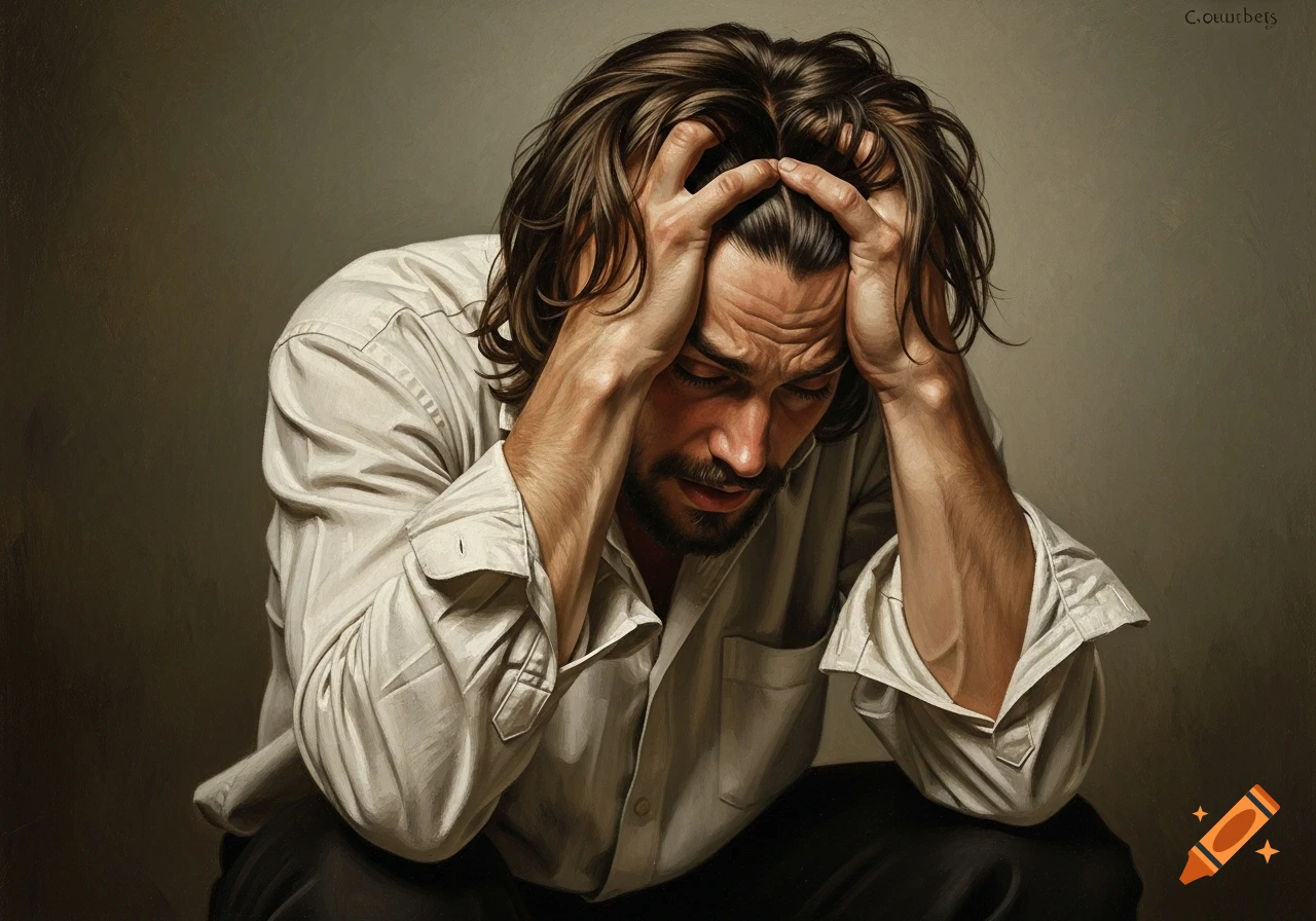 A photorealistic painting of a man with long brown hair, wearing a white shirt, looking down in despair with hands on his head.