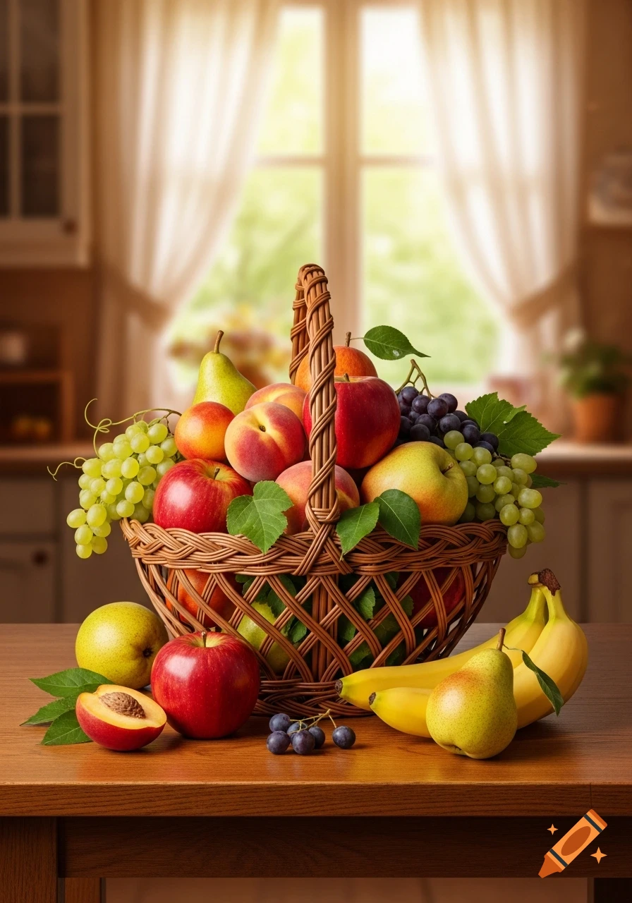 A rustic wicker basket overflowing with an assortment of fresh fruits like apples, peaches, grapes, and pears sits on a wooden table in a sunlit kitchen.