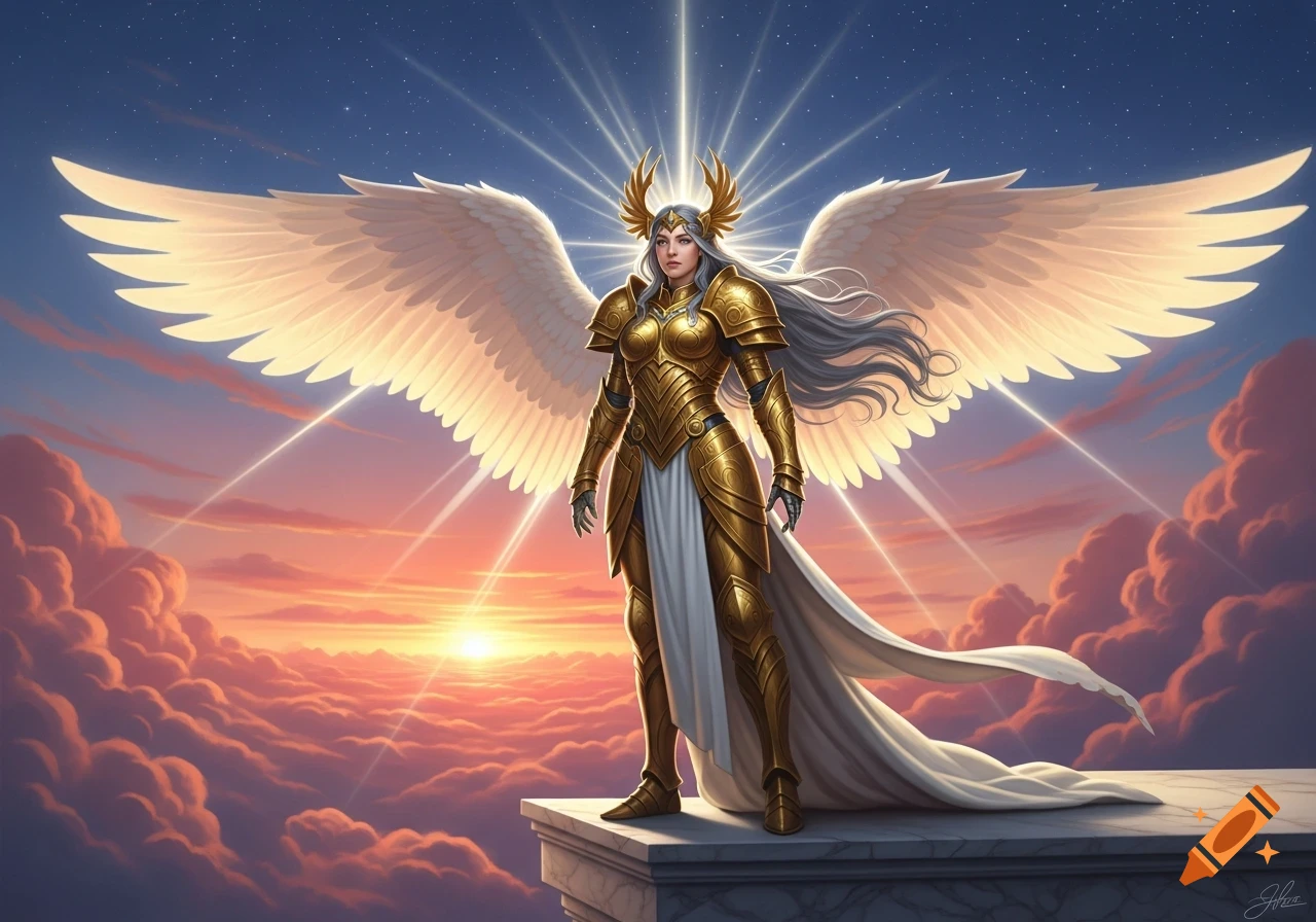 A majestic female angel in gold armor with large white wings stands on a platform above sunset clouds, bathed in celestial light.