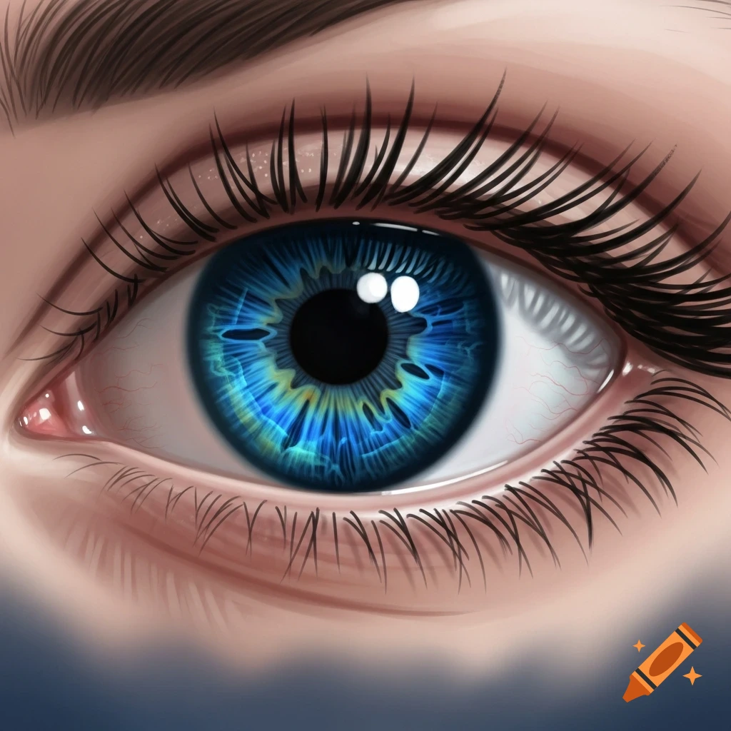 A detailed digital illustration of a vibrant blue human eye with intricate iris patterns and long eyelashes.