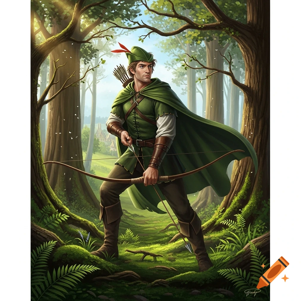 A man in green, reminiscent of Robin Hood, holds a bow and arrow in a sun-dappled forest.