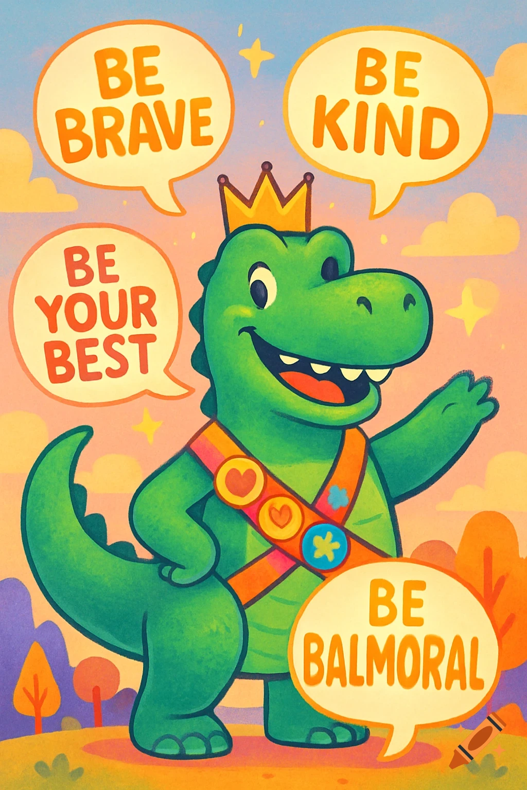 A green cartoon dinosaur king wearing a sash and crown waves, surrounded by speech bubbles with inspirational messages.