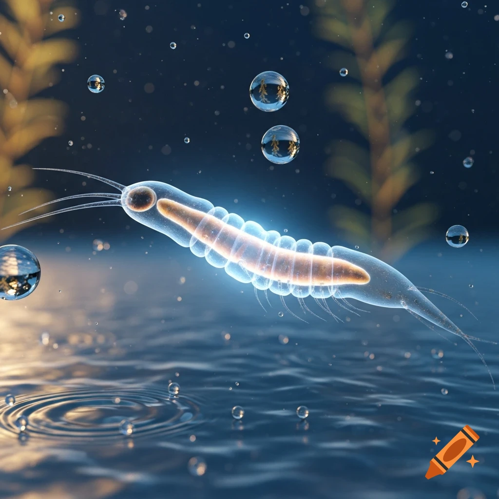 A glowing, translucent cercaria larva with visible internal organs swims underwater amidst bubbles and water ripples.