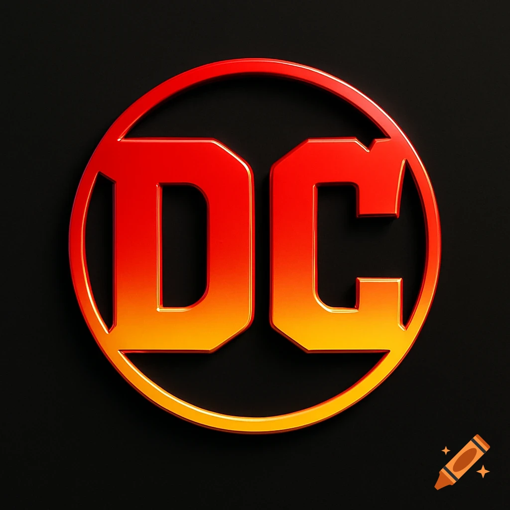 A vibrant red and yellow 3D metallic DC logo set against a dark background.