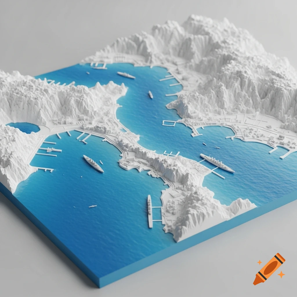 A detailed 3D diorama of a harbor surrounded by white mountainous terrain, featuring blue water and several ships.