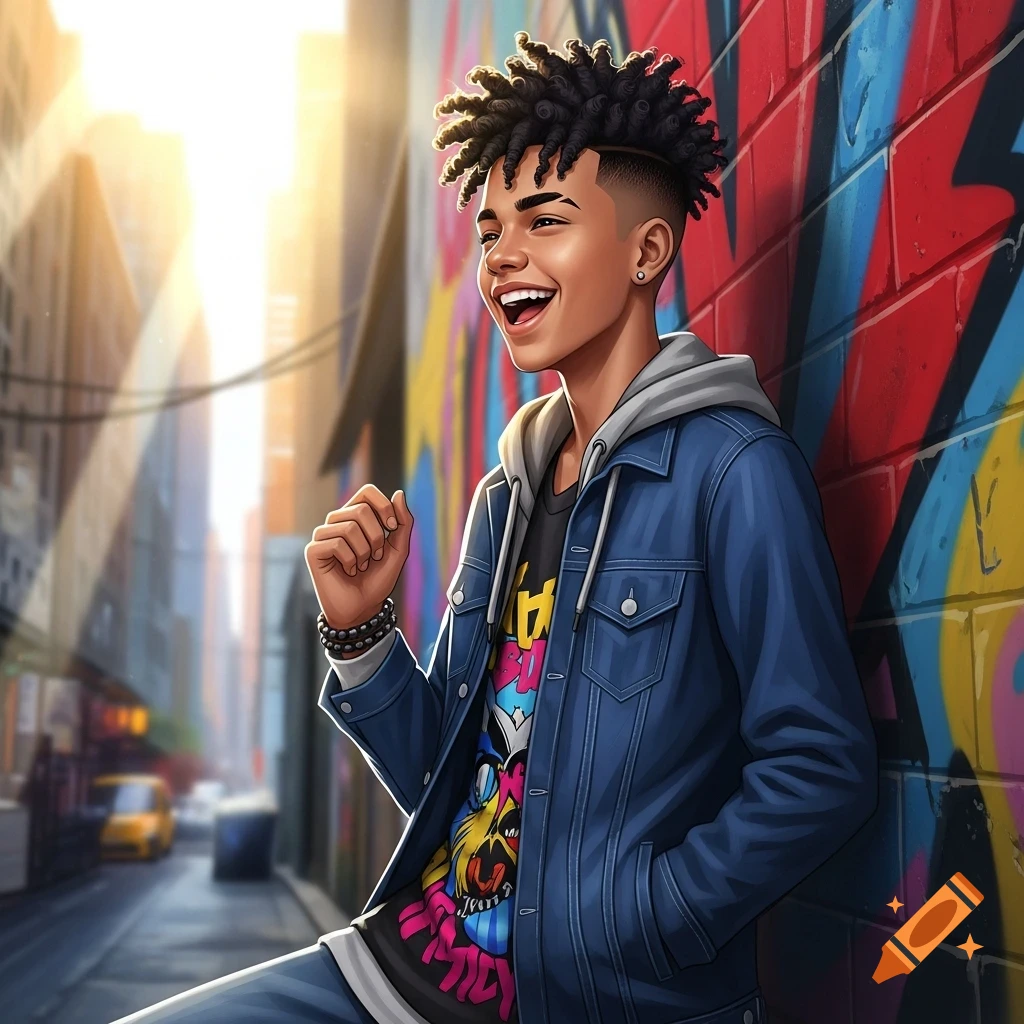 A smiling young person with dreadlocks in a denim jacket and a colorful t-shirt, leaning against a graffiti-covered wall in a sunny city alley, stylized illustration.