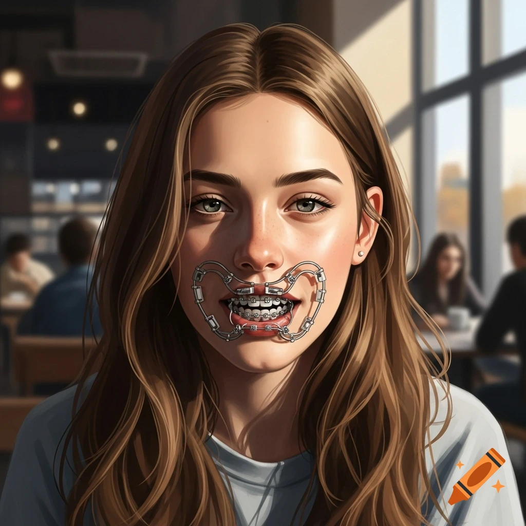 A young woman with long brown hair and green eyes, wearing a Herbst appliance and braces, looks forward in a cafe.