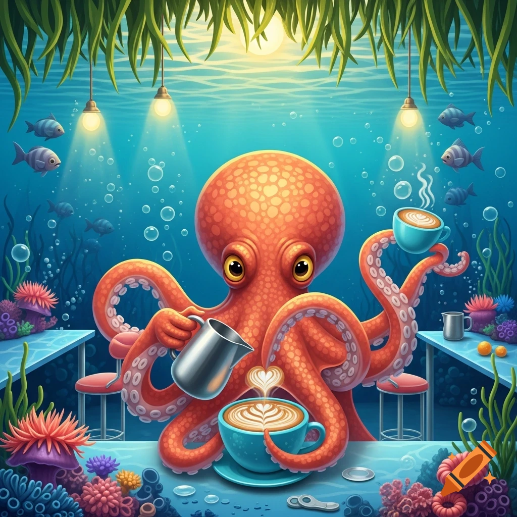 Cartoon octopus barista making latte art in a vibrant underwater cafe with fish and coral.