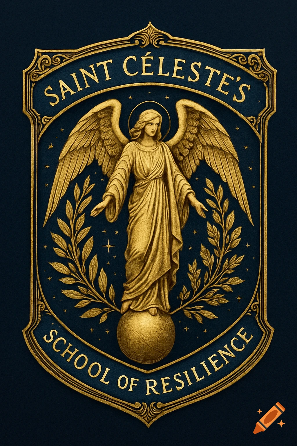 A detailed gold and blue school emblem featuring a winged angel with a halo, standing on a globe, surrounded by foliage and the text "SAINT CÉLESTE'S SCHOOL OF RESILIENCE".