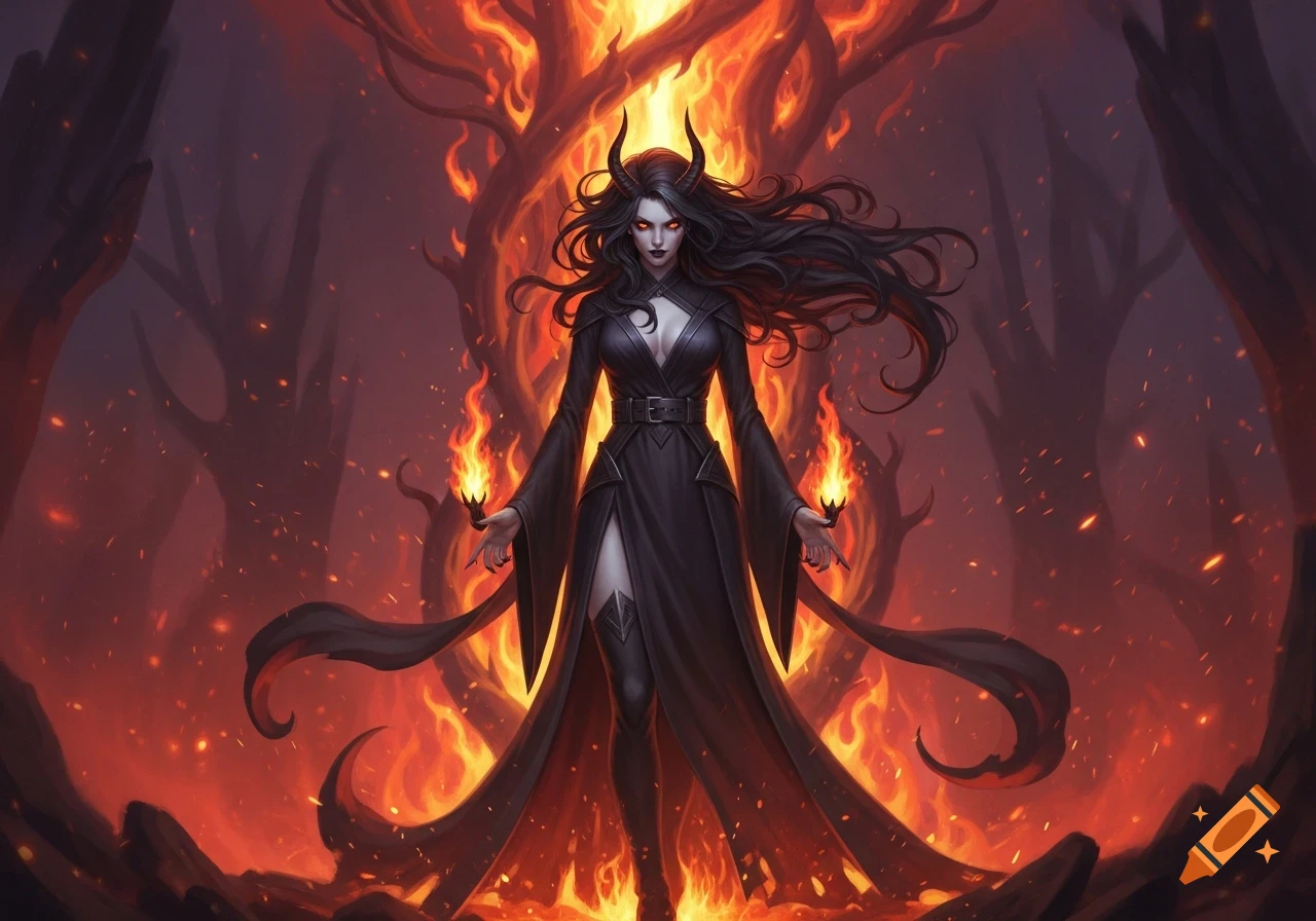 A female devil with long black hair, horns, and red eyes wears a black dress with a slit, holding flames. She stands before a fiery, twisted forest.