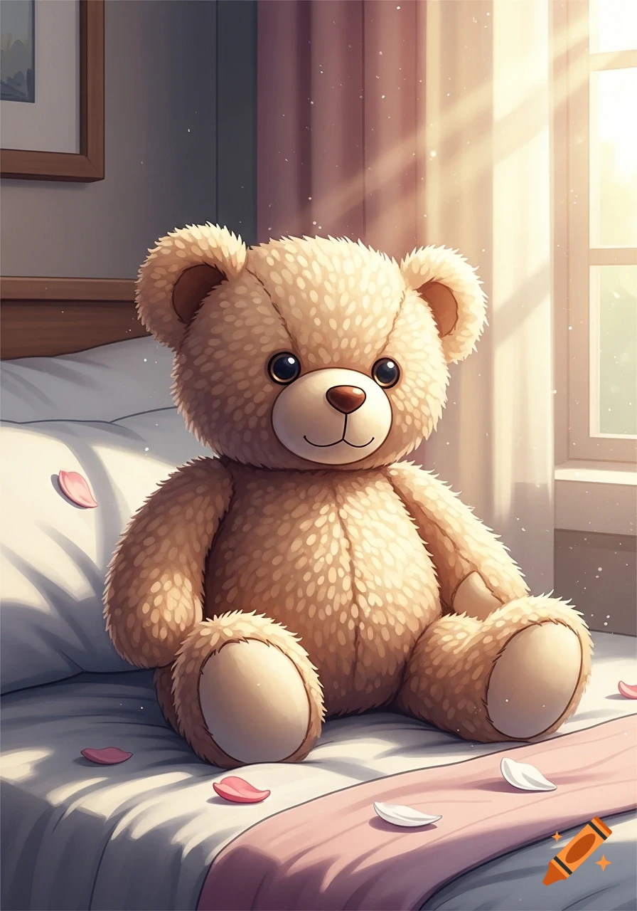 An adorable, fluffy beige teddy bear sits on a bed with pink petals, bathed in warm sunlight from a window, in an anime illustration style.